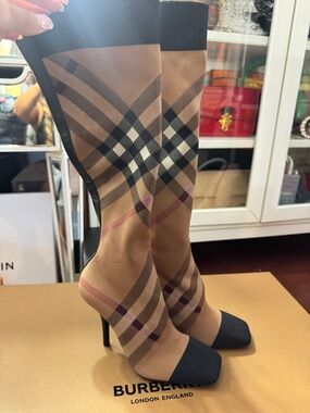 Burberry Tan Check Stretch Sock Boots with Black Toe